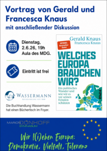 Vortragsankündigung für Gerald und Francesca Knaus mit Buchcover und Veranstaltungshinweisen.